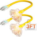 3 ft 12 Gauge Heavy Duty 3 Outlet Extension Cord Splitter with Indicator, Waterproof Outdoor Extension Cord with Multiple Outlets, 15A 1875W for Workshop, ETL Listed, Yellow SJTW, 2 Pack