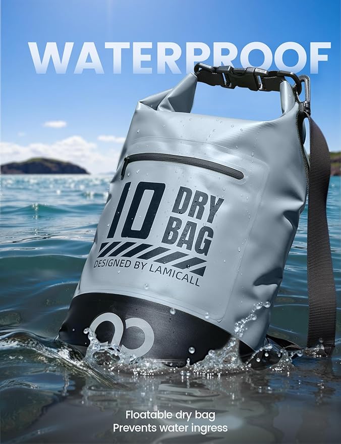 Lamicall Waterproof Dry Bag with Phone Pouch, Floating Roll Top Backpack, 10L, Grey