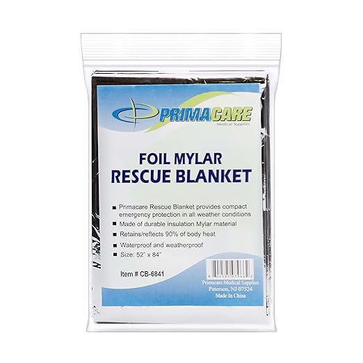 Primacare CB-6841 Emergency Foil Mylar Thermal Blanket, 84" Length x 52" Width