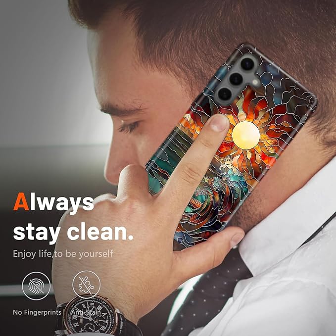 Compatible for Samsung Galaxy A37 5G Case, Dual Layer Heavy Duty 2 in 1 Shockproof Protective Phone Case,Stained Glass Sun Rays Ocean Waves