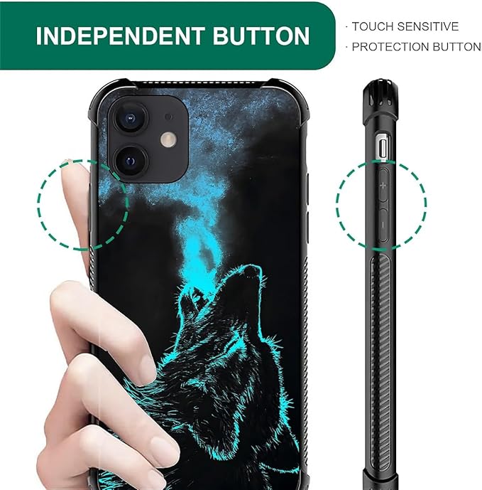 for iPhone 12/12 Pro Case, Blue Breathing Wolf Pattern Graphic Design Girl Boy Soft Silicone Hard Acrylic Shock Protection for iPhone 12/12 Pro