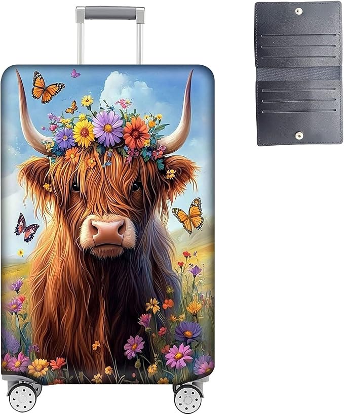 Luggage Cover Protector for 19-20 Inch Suitcases, TSA Approved Elastic Travel Suitcase Covers, Anti-Scratch Washable Luggage Sleeve for Carry On & Checked Bags, Cute Highland Cow