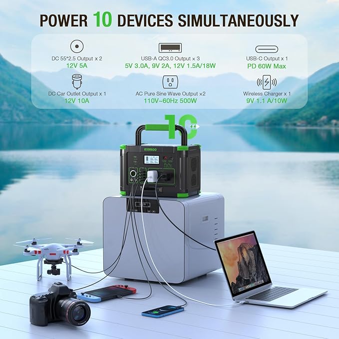 Portable Power Station 500W (Peak 1000W), 519Wh Solar Generator with 2 AC 110V Outlets, USB-C PD 60W Fast Charging, 10 Ports including Wireless Charger for Camping, RV, Emergency, and Backup