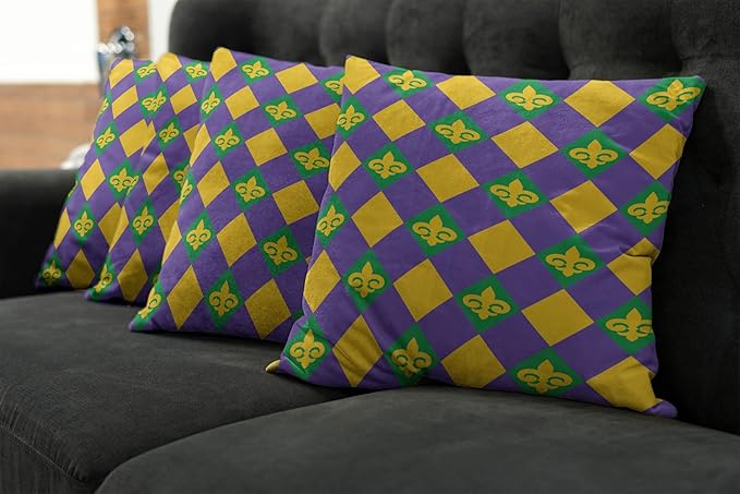 Ambesonne New Orleans Throw Pillow Cushion Case Pack of 4, Mardi Gras Themed Rhombuses with Fleur De Lis Motifs Classic Geometry, Modern Accent Double-Sided Digital Printing, 18", Violet Yellow