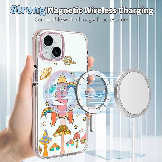 Case for iPhone 14 Plus/15 Plus,[Compatible with MagSafe],Spaceship Mushroom Phone Case Design，for Women Girls Magnetic Clear Cover - Slim, Sleek, & Shockproof Protection