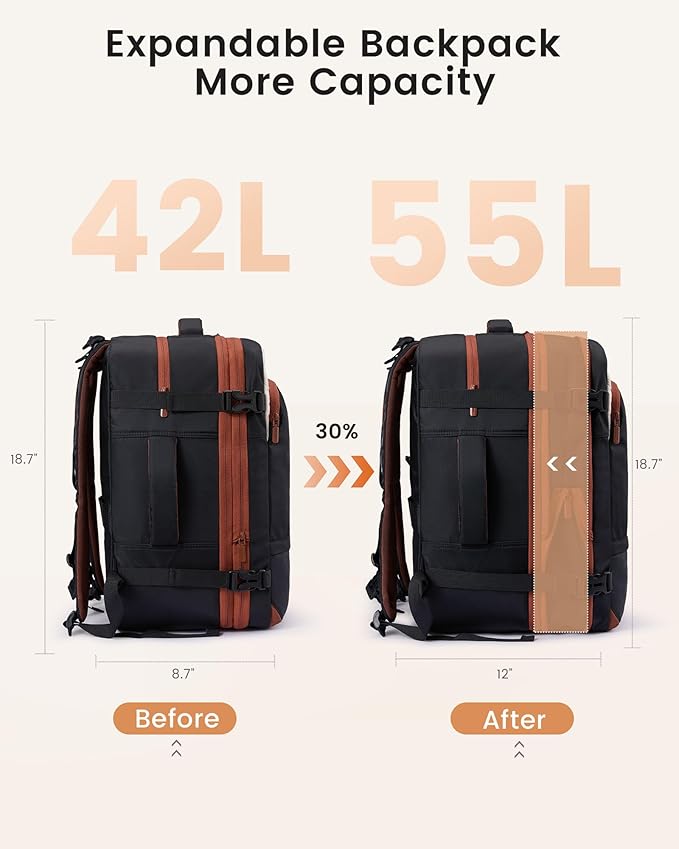 LOVEVOOK Carry On Backpack for Women & Men, Travel Backpack Carry On Flight Approved, 55L Personal Item Travel Bag, Business Weekender Overnight with Cup Holder & 2 Cubes, 18 Inch Black-beige-brown