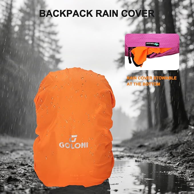 Goloni 45L Hiking Backpack Lightweight Foldable, Waterproof Camping Backpack with Rain Cover & Hiking Pole Mat Carrying System, Ergonomic Water Resistant Daypack for Trekking Travel Men Women Rose