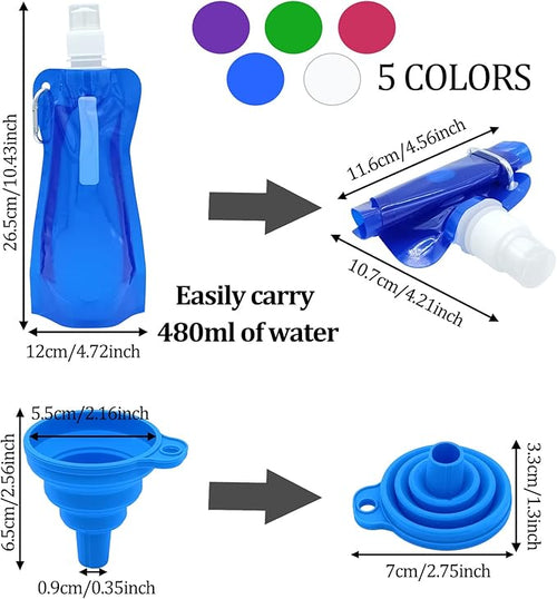 10pcs Collapsible Reusable Water Bottle with Carabiner Clip and folding funnel, for For Gym, Sports, Teams, Hiking, Camping, Biking, Outdoors, Beach, Traveling, Yoga & More, 5 Color