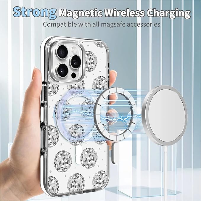 Case for iPhone 16 Pro,[Compatible with MagSafe],Disco Ball Grayish White Phone Case Design，for Women Girls Magnetic Clear Cover - Slim, Sleek, & Shockproof Protection
