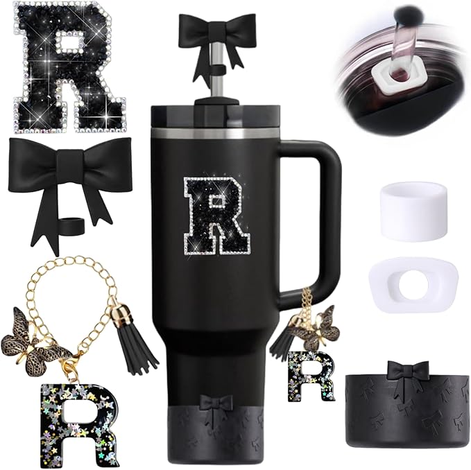 6pcs Black Stanley Cup Accessories Set, Bow Straw Topper for Stanley Cup 30oz 40oz, Including Straw Topper and Bow Silicone Boot, Stoppers Spill Proof, Handle Charm, Initials Sticker