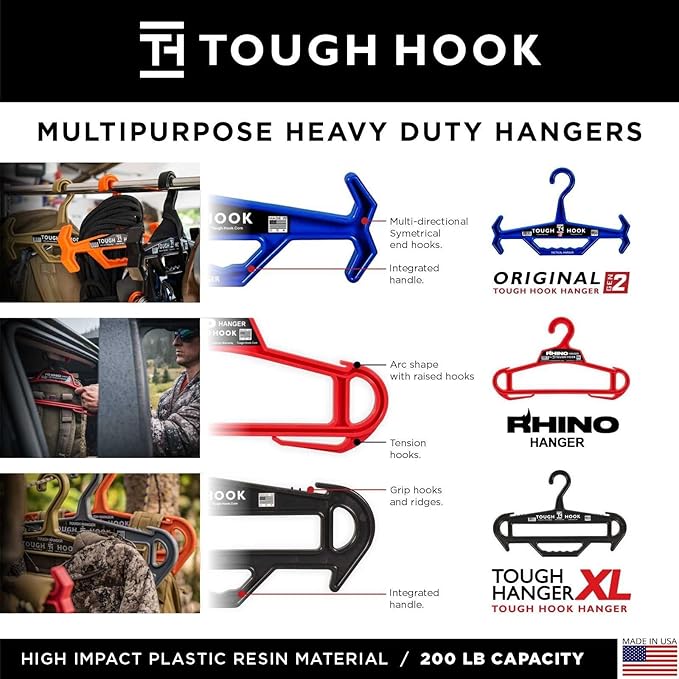 Tough Hook Original Heavy Duty Hangers – The Superhero of Hangers USA-Made, Anti-Slip ABS Resin Tactical Hanger for Police Gear, Scuba Gear & Dive BCD – DuraResin 200-lb Cap Wetsuit Hanger, 8 Foliage