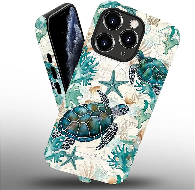 for iPhone 15 Pro Max Case,HH2 Ocean Sea Turtle Nautical Map Hybrid 2 Layer Hard Shell Silicone Protective Pattern Design Case