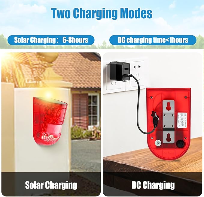 Qualirey Solar Sound and Light Alarm Motion Sensor 129db Outdoor Security Siren Waterproof Activated Detector Driveway Alarm 6 LEDs Flash Warning Deterrent Strobe System for Home, Farm(Red,6 Pack)