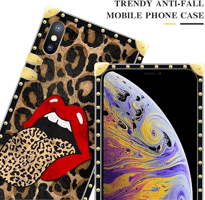 Compatible with iPhone XR Case, Brown Leopard Print Mouth Luxury Golden Decoration for Girl Women Soft TPU Shockproof Protective Hard PC Back for iPhone XR