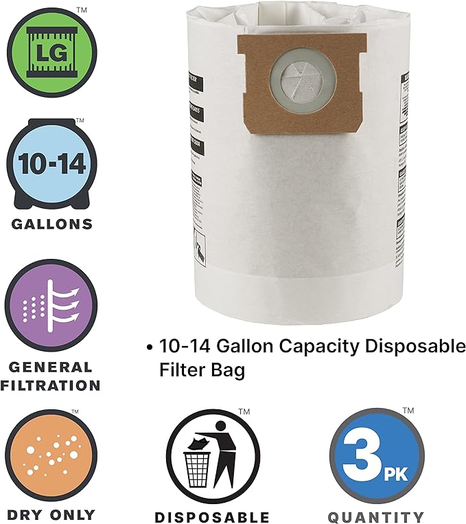 Shop-Vac 9066233 Disposable Filter Bags, Fits 10-14 Gallon Vacs, For Dry Pick-Up Only, Non-Hazardous Materials, 3 count (Pack of 5)
