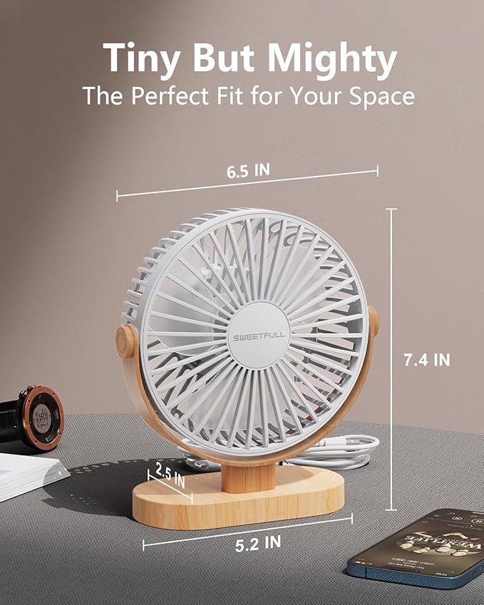 SWEETFULL Small USB Desk Fan 6.5 Inch, 3 Speeds Portable Personal Desktop Table Fan, Dual 360° Adjustment Mini Fan, Quiet Operation, for Home Office Car Outdoor Travel (White wood grain)