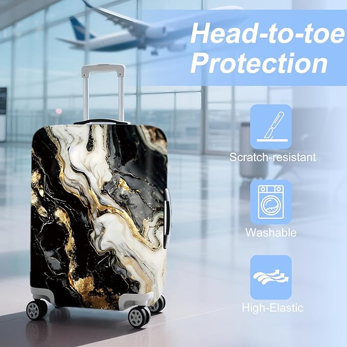 ANNA QUEEN Black White Gold Marble Luggage Cover- Stretchable, Water Resistant & Durable Suitcase Protector, Universal Washable Fit for 28-30 Inch Checked Baggage