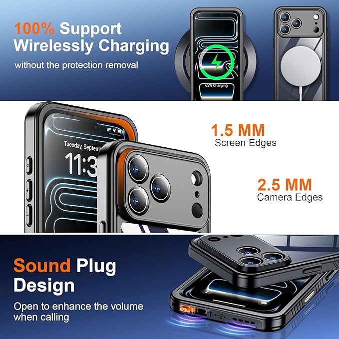 SPIDERCASE for iPhone 17 Pro Case Waterproof, Built-in Lens & Screen Protector, Full Heavy Duty Protection, 12FT Military Shockproof, Dustproof, Anti-Scratched Phone Case,Black/Clear