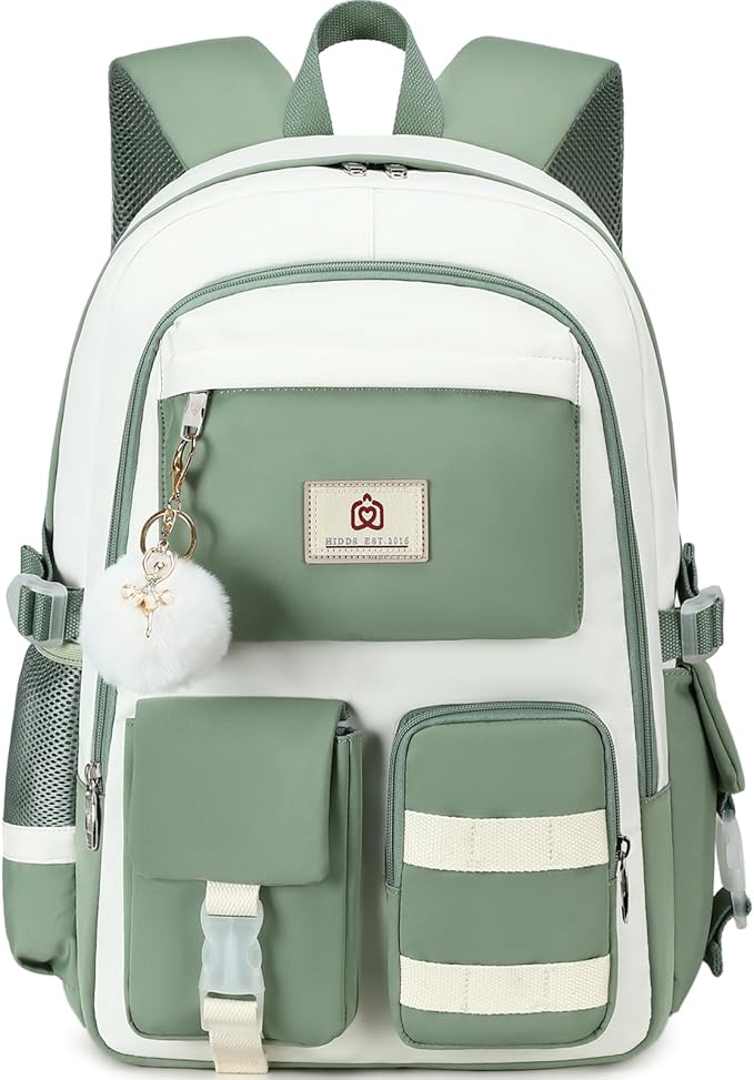 Hidds Laptop Backpack For College Women Elementary Middle High School Bag Teen Girls Bookbag Travel Daypack Backpacks (Green Beige)