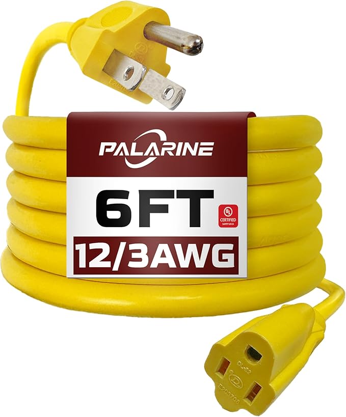 6ft Yellow Outdoor Extension Cord Waterproof, UL Listed, 12/3 SJTW Heavy Duty 3 Prong, 12 Gauge 15A Power Cord Ideal for Indoor Outdoor Lights, Appliances, and Lawn