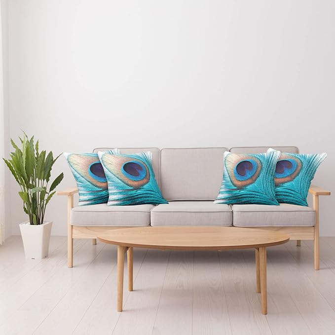 Ambesonne Feather Throw Pillow Cushion Case Pack of 4, Close up Pattern of Peacock Fluff in Vibrant Tones Natural Wildlife Theme Print, Modern Accent Double-Sided Digital Printing, 18", Aqua Cream