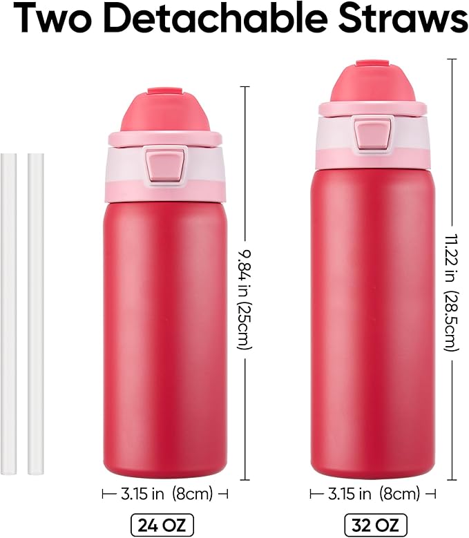 Fijinhom 32 oz Insulated Water Bottle with 2-in-1 Straw and Spout Lid, Stainless Steel Double Wall Vacuum Flask, Sports Water Bottle Keeps Cold 24H, Leak Proof for Gym, Outdoor, Travel (Red)