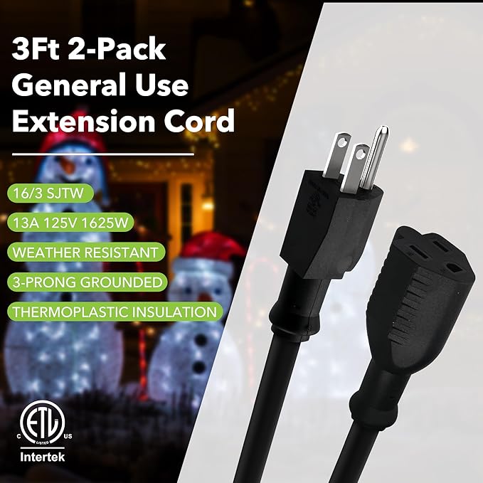 BN-LINK 3ft Indoor Outdoor Extension Cord 16/3 SJTW, 2 Pack, Black, PVC Cable Jacket, 3-Prong, Weather Resistant, Flame Retardant, Suitable for Indoor, Landscaping & Holiday Decorations, 13A ETL
