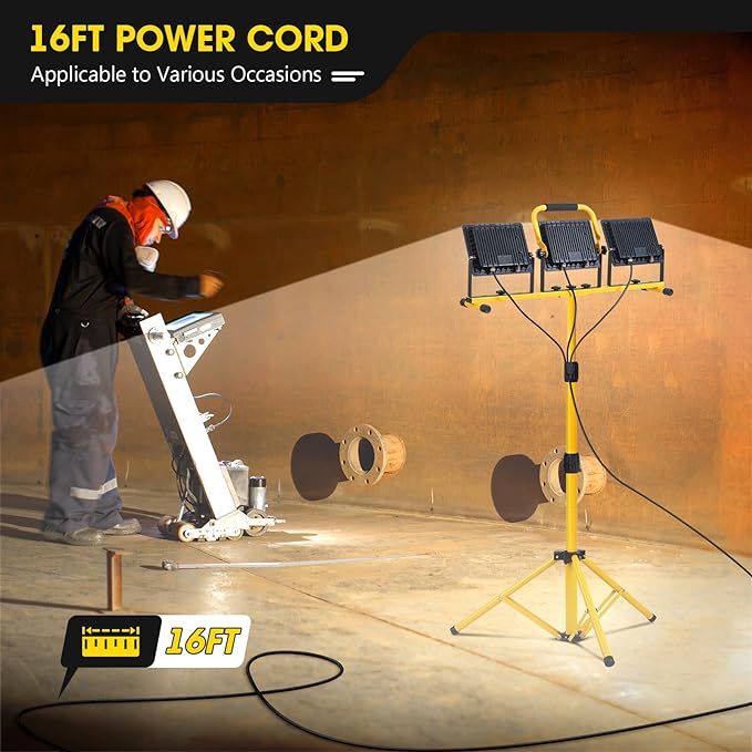 Zetunlo 21000Lumen LED Work Lights with Stand - 3 Head Portable Work Light with 16FT Cord - IP66 Waterproof Tripod Worklights for Outdoor Indoor Job Site Workshop Garage Construction Site Lighting