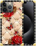 Compatible with iPhone 16 Pro Max Case, Shining Red Rose Butterfly Leather Background Luxury Golden Decoration for Girl Women Soft TPU Shockproof Protective Hard PC Back