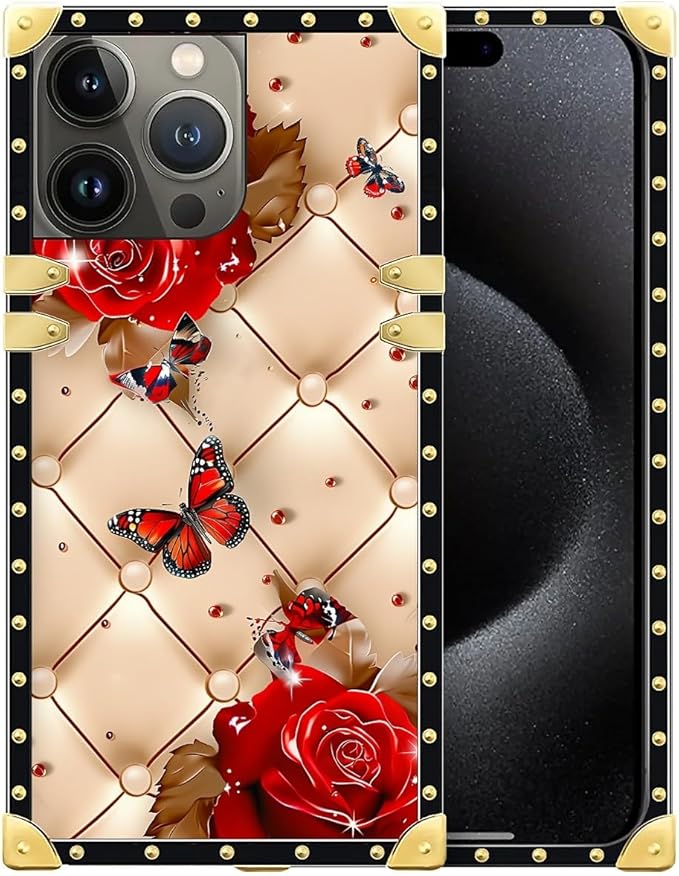 Compatible with iPhone 16 Pro Max Case, Shining Red Rose Butterfly Leather Background Luxury Golden Decoration for Girl Women Soft TPU Shockproof Protective Hard PC Back