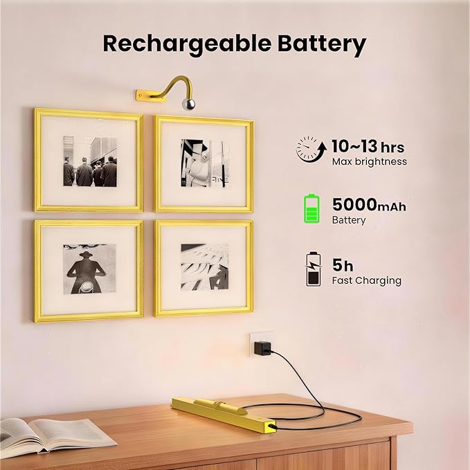 Picture Light Gold 2Pack, 5000mAh Battery Opertated Cordless Picture Lights for Wall, 16in CCT Dimmable with Touch Control for Wall Painting,Frame, Portrait, Dartboard