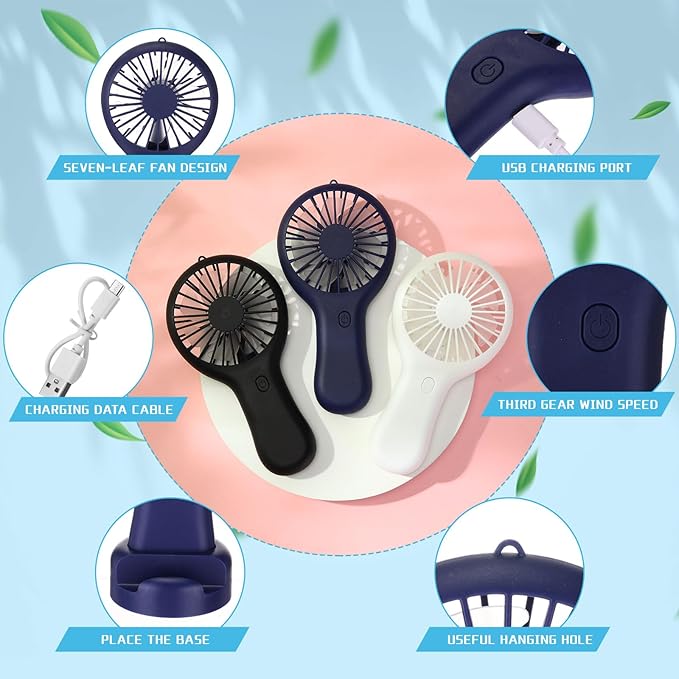 Woanger 12 Pcs Mini Handheld Fan Bulk 3 Speed USB Electric Battery Operated Small Portable Pocket Fan with Data Cable and Mounting Base Quiet Summer Gift for Wedding Camping Travel(Black White Blue)