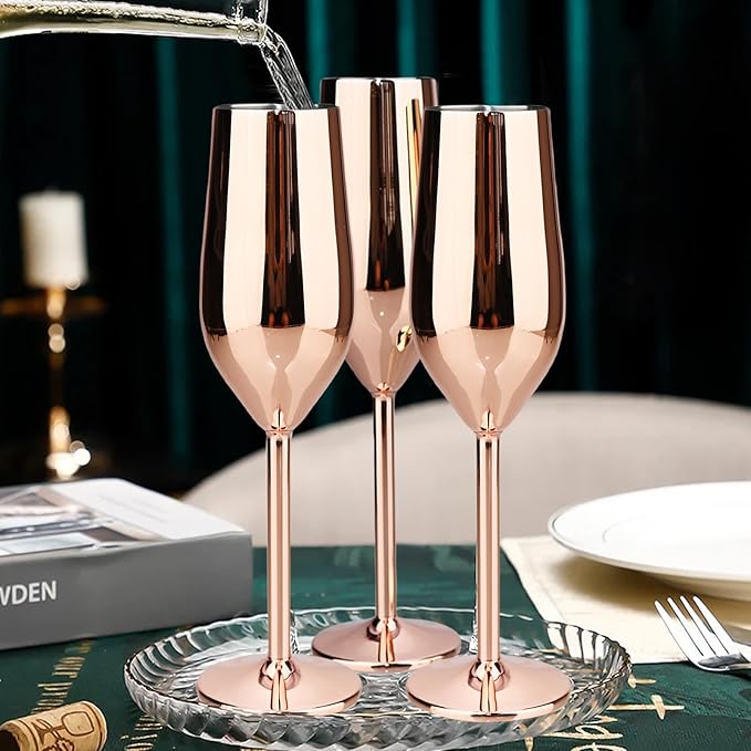 TJ Unbreakable 8 Oz Stainless Steel Champagne Flutes (4 Pack)- Rose Champagne Glasses - Reusable Indoor Outdoor Drinkware - Keeps Drink Cool for Longer - Gift Idea