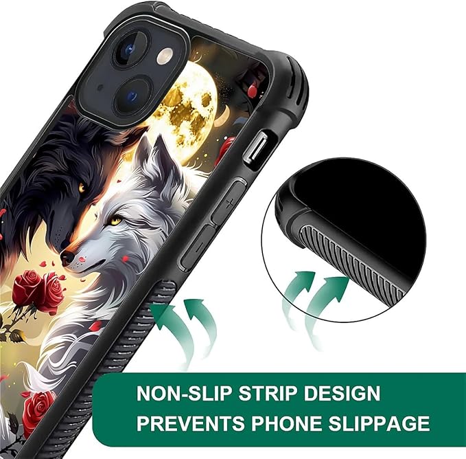 for iPhone 15 Plus Case, Black White Wolf Moon Flower Rose Pattern Made of Soft Silicone Hard Acrylic Shock Protection for iPhone 15 Plus