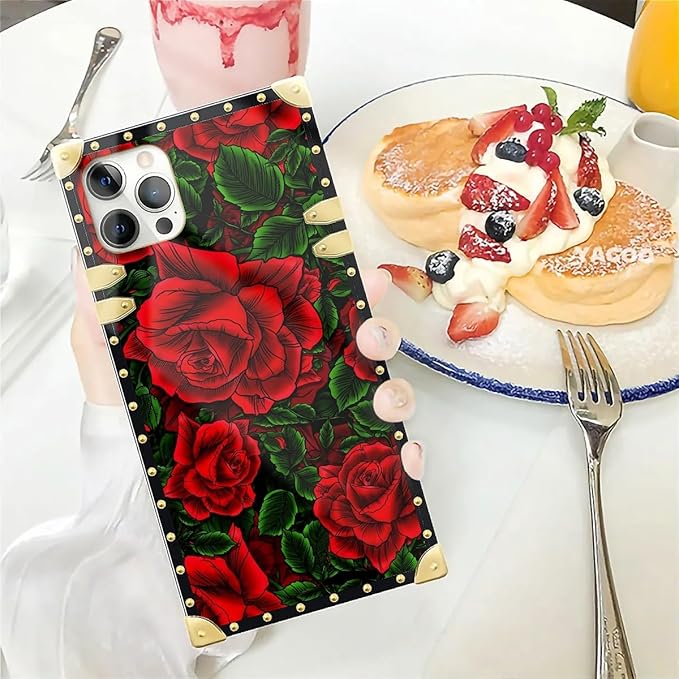 Compatible with iPhone 12 12 Pro Case, Vector Red Rose Green Leaf Luxury Golden Decoration for Girl Women Soft TPU Shockproof Protective Hard PC Back for iPhone 12 12 Pro