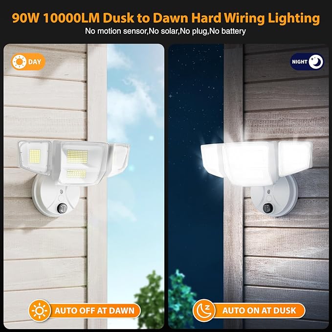 Onforu Dusk to Dawn Outdoor Lighting,90W 10000LM Flood Lights Outdoor,IP66 Waterproof White LED Security Light with Photocell,6500k Daylight 4 Heads Exterior Light Fixture for Yard,Patio,Garden