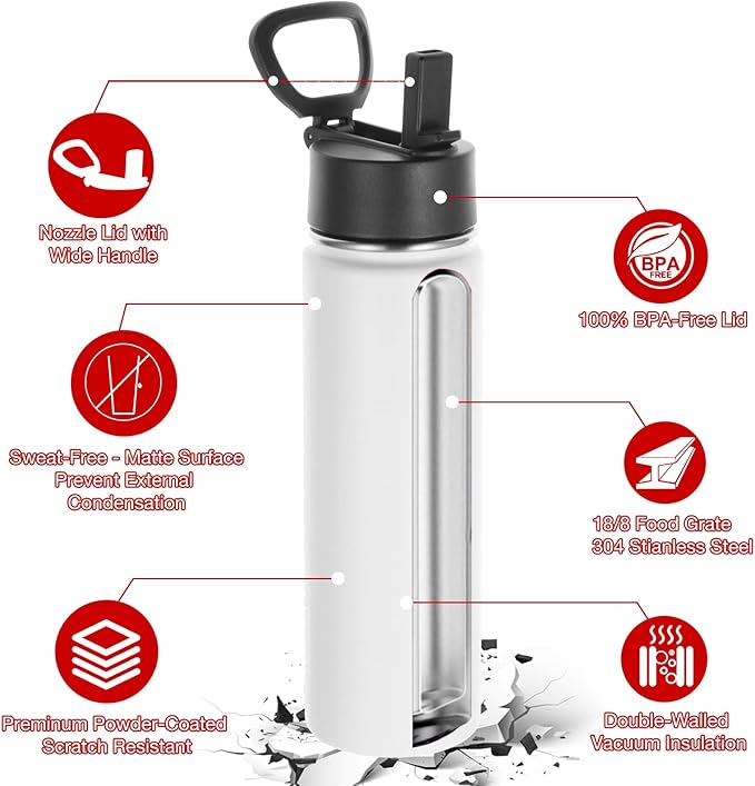 Volhoply 24oz Insulated Water Bottle With Straw Bulk 3 Pack,Metal Wide Mouth Water Bottles With Handle Lid Keep Cold,Reusable Double Wall Cups,Powder Coated Sport Bottle For Holder(White,3 Count)