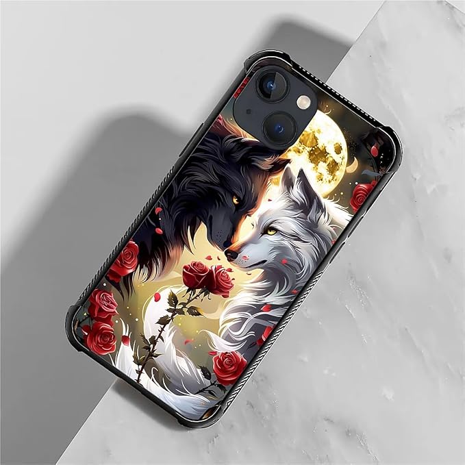 for iPhone 13 Mini Case, Black White Wolf Moon Flower Rose Pattern Made of Soft Silicone Hard Acrylic Shock Protection for iPhone 13 Mini