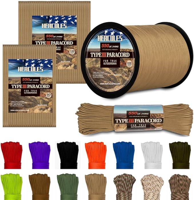HERCULES Type III Paracord 550 Paracord Rope Parachute Cord, 250' Desert Tan for Camping Cord, Survival Rope