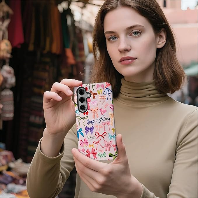 for Samsung Galaxy S24 FE Case,HL2 Aesthetic Color Bow Tie Hybrid 2 Layer Hard Shell Silicone Protective Pattern Design Case
