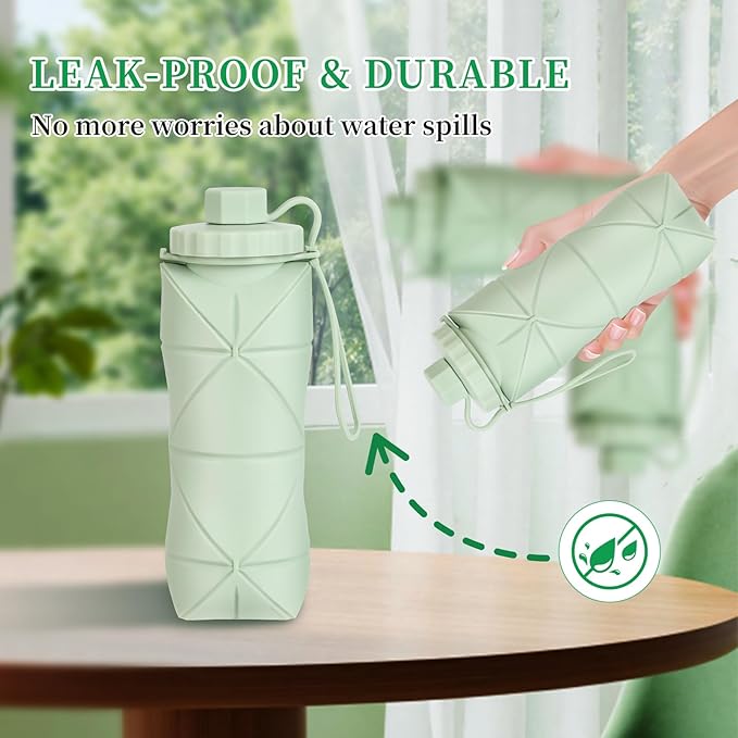 YCT Collapsible Silicone Travel Water Bottle 20oz (600ml), Reuseable Leakproof BPA Free Foldable Sports Bottle, with Carrying Strap, Green
