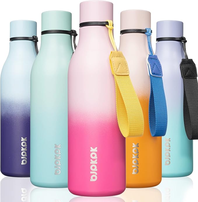 BJPKPK Insulated Water Bottles, 18 oz Stainless Steel Metal Water Bottle with Strap, BPA Free Leak Proof Jugs, Mugs, Flasks, Reusable Thermal Flasks for Sports & Travel, Cherry