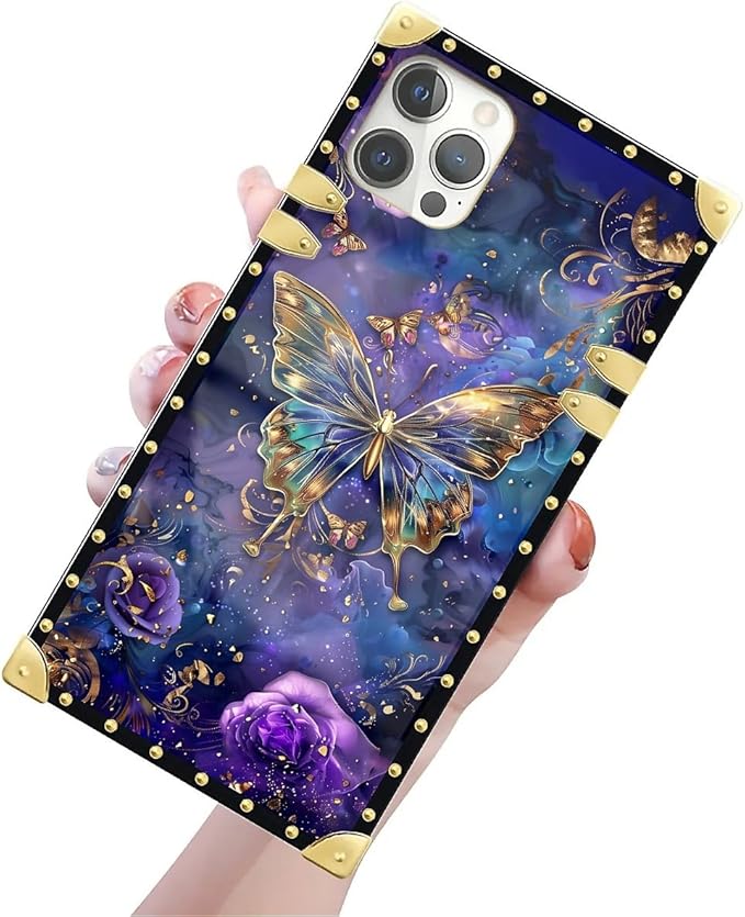 Compatible with iPhone 12 Pro Max Case, Glistening Golden Butterfly Vibrant Purple Blue Luxury Golden Decoration for Girl Women Soft TPU Shockproof Protective Hard PC Back