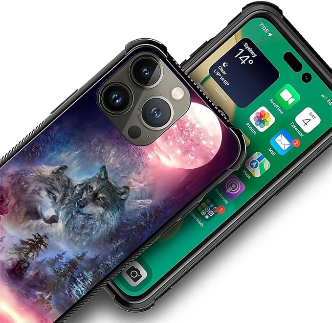 for iPhone 13 Pro Case, Star Two Wolfs Howling Pattern Graphic Design Girl Boy Soft Silicone Hard Acrylic Shock Protection for iPhone 13 Pro