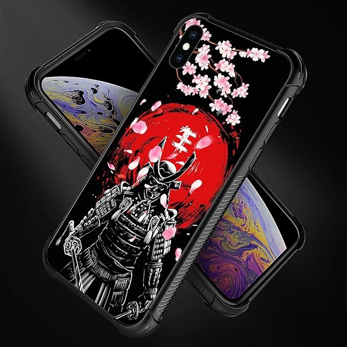 for iPhone X/Xs Case, Sakura Japanese Samurai Pattern Graphic Design Girl Boy Soft Silicone Hard Acrylic Shock Protection for iPhone X/Xs