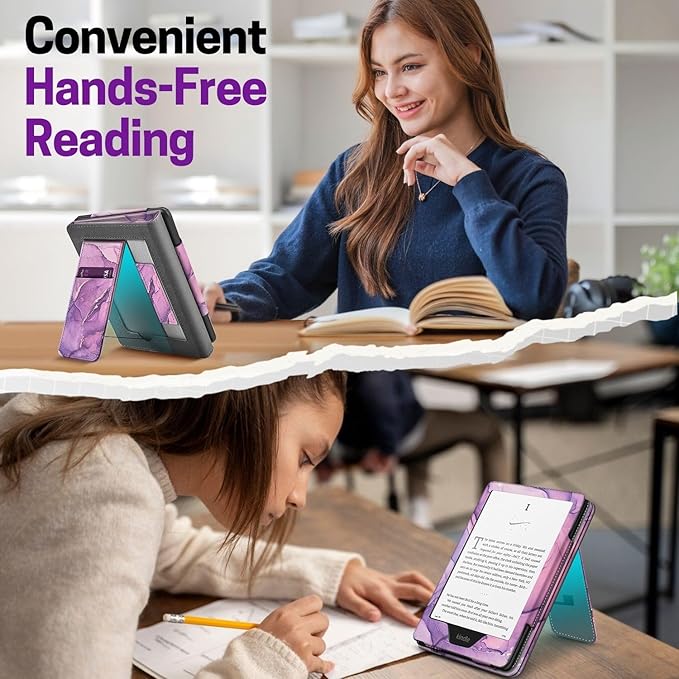 TNP Stand Case with Strap for Kindle Paperwhite 12th Gen 2024 / Kindle Colorsoft Signature Edition - 7" PU Leather Protective Folio Cover with Auto Wake/Sleep & Card Slot, Marble Purple