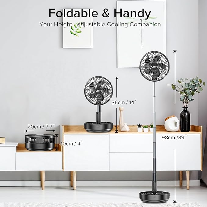 Czlife F9 Portable Fan, 10000mAh Rechargeable Battery Powered for Travel Sleeping Camping Bedroom Outdoor, Cordless Floor Desk Fan, Oscillating Folding USB Fan with Remote, 4 Speed, Timer, 7.7"