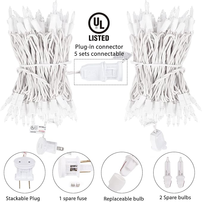 Brightown 50 Count Warm White Christmas Lights, Clear Mini Incandescent Lights on White Wire, Christmas Tree String Lights for Indoor Outdoor Decorations（10ft）