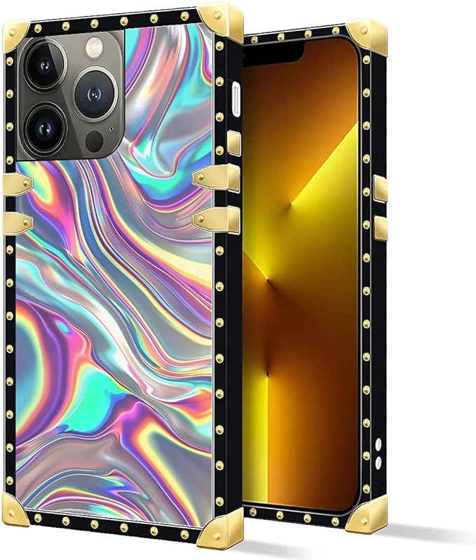 Compatible with iPhone 13 Pro Max Case, Holographic Abstract Iridescent Textures Luxury Golden Decoration for Girl Women Soft TPU Shockproof Protective Hard PC Back
