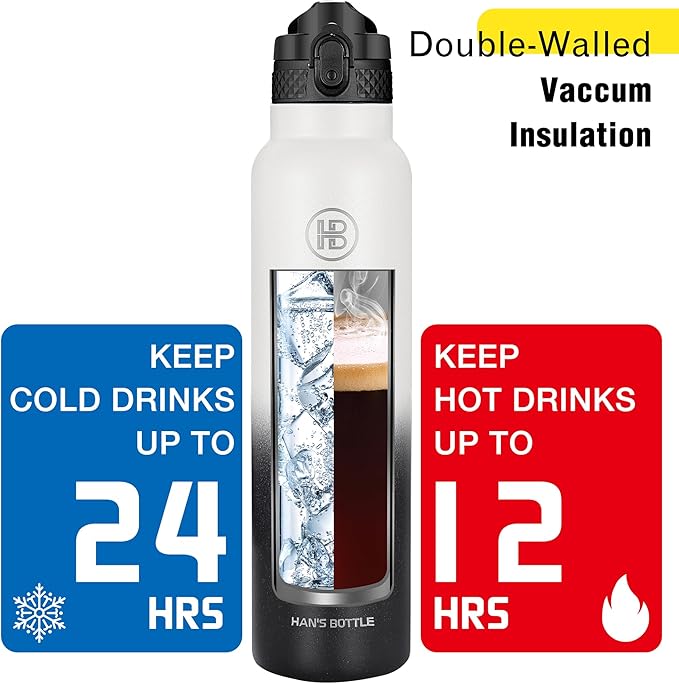 Han's Bottle Sports Water Bottle - 32 Oz, Straw Lid, Leak Proof, Vacuum Insulated Stainless Steel, Double Walled, Thermo Mug,White & Black